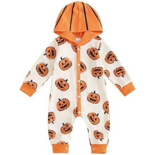 Newborn Baby Girl Boy Halloween Pumpkin Hooded Outfit Ghost Romper Long Sleeve Bodysuit Infant Fall Clothes