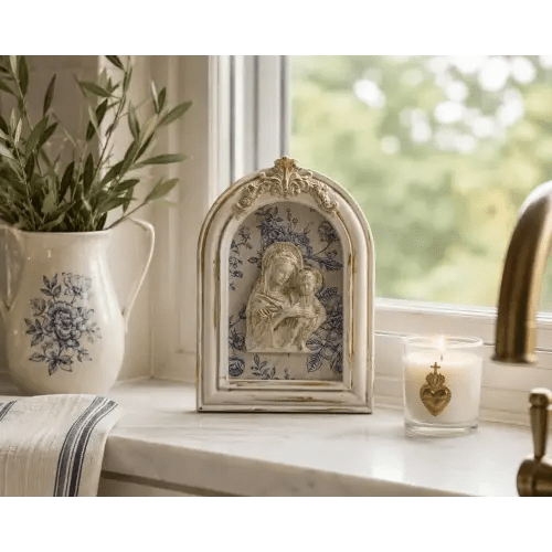 Handmade Madonna and Child Art | Distressed White Arched Frame, Blue Floral Background
