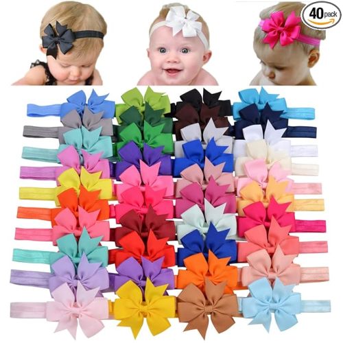 jollybows 40pcs Baby Girls Grosgrain Ribbon Hair Bows Headbands 3" Hair Band Hair Accessories for Infants Newborn Toddler