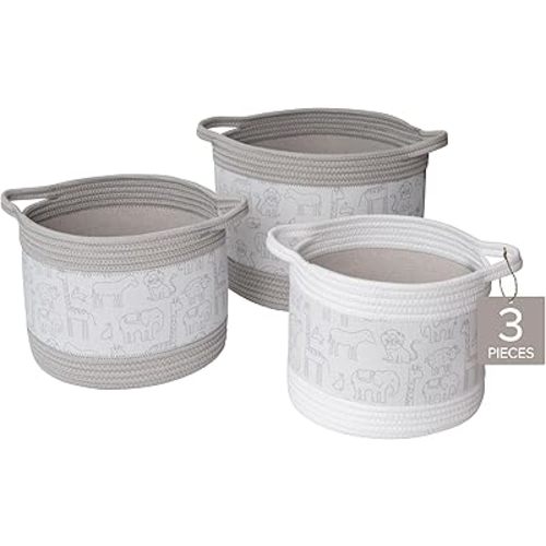 RGI Home Decorative Storage Baskets with Zoo Animal Prints, Set of 3 Round Fabric Rope and Linen Bins for Nursery or Playroom Organization, Multi-Sized with Easy-Carry Handles, Vapor Blue and White