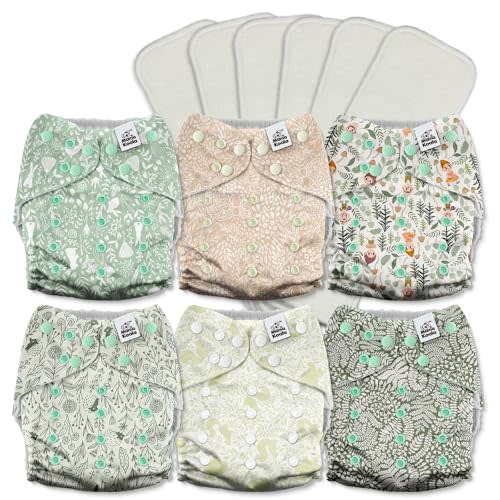 Mama Koala 3.0 Cloth Diapers for Babies with AWJ Lining, 6 Pack with 6 5-Layer Natural Cloth Diaper Inserts - Reusable and Washable Pocket Diapers(A-Spring Sprouts)