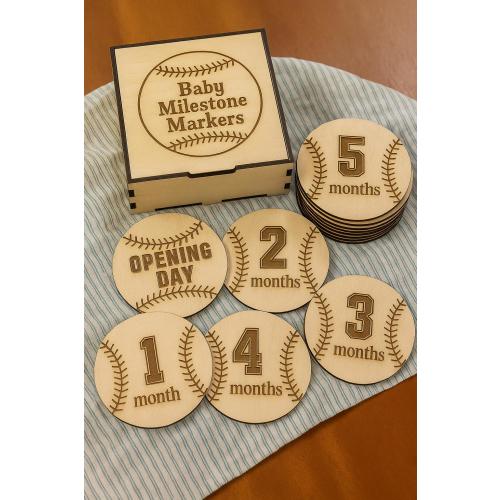 Baseball Baby Milestone Markers – Wooden Monthly Photo Props Personalized Engraved Keepsake Box