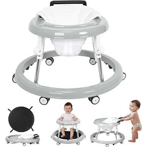 Foldable Baby Walker with Wheels and Anti-Rollover, Sit to Stand Activity Center for Boys and Girls 6-18 Months, 5-Position Height Adjustable (Grey)