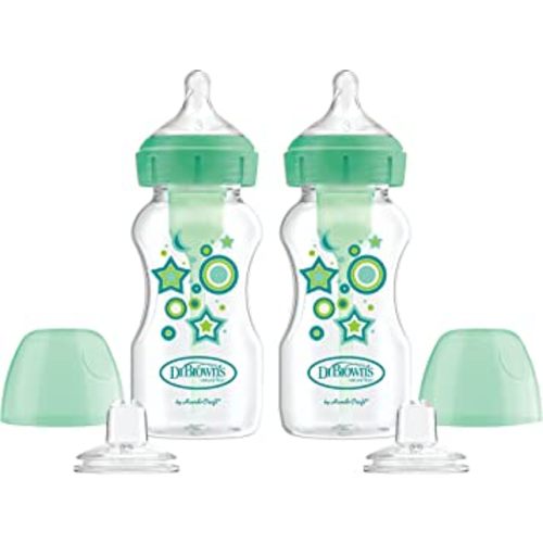 Dr. Brown’s Anti-Colic Options+ Wide-Neck Sippy Bottle Starter Kit, 9oz/270mL, with Level 3 Medium-Fast Flow Nipple and Soft 100% Silicone Sippy Spout, Green, BPA Free, 6m+, 2 Pack
