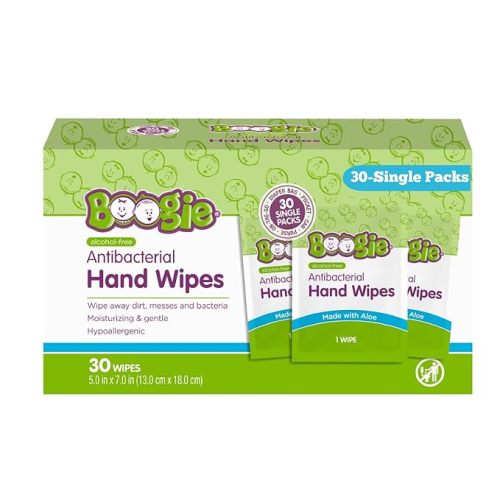 Boogie Antibacterial Hand Wipes by Boogie, Alcohol Free, Hypoallergenic and Moisturizing Aloe, for Kids and Adults -100 Total Wipes (5 Packs of 20)