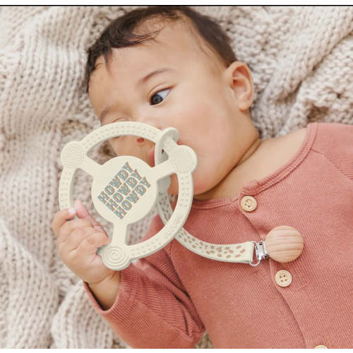 Howdy howdy teething ring with paci clip