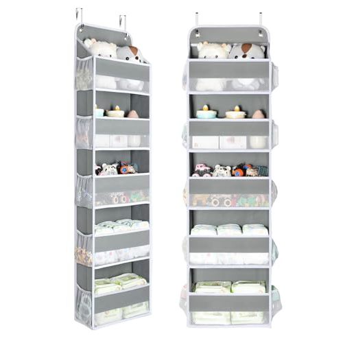 Yecaye 2 Pc Over The Door Organizer with 5 Bins 10 Side Pockets, 44lbs Load Hanging Bathroom and Bedroom Organizer, Behind The Door Hanging Organizers for Nursery Newborn Baby Essential Stuff Grey