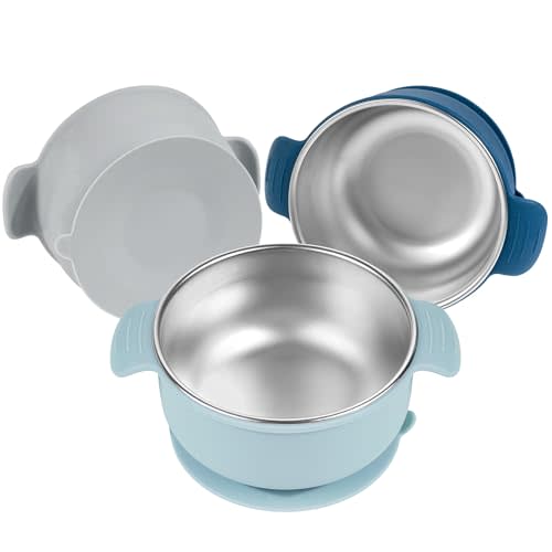 Stainless Steel and Silicone with Suction Baby Bowls 3 Packs 4.3” Kids Feeding,Non-Toxic&Lead-Free&Mess Free Toddler Bowl Set,Dishwasher Safe&Extra Strong Base&Fit Highchar Size,blue dark blue grey