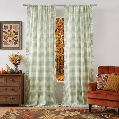 ZJDECOR Sage Green Buffalo Plaid Ruffled Window Curtains 84 Inches Length