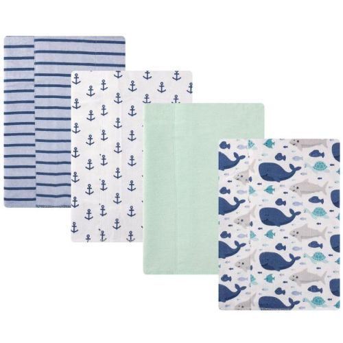 Hudson Baby Cotton Poly Flannel Burp Cloths 4-Pack, Sea Friends, One Size