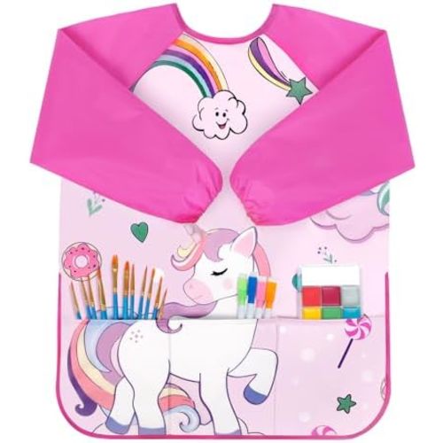 Bassion Smocks for Kids, Toddler Art Smock Artist Painting Aprons Waterproof Long Sleeve with 3 Pockets for Age 2-6 Years