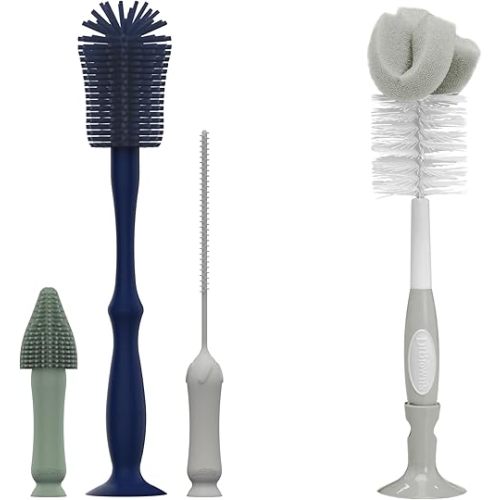 Dr. Brown's Baby Bottle Cleaning Set - 3-Pack Silicone Brush Set (Bottle, Spout & Straw) with 1-Pack Bottle Brush with Sponge & Nipple Cleaner