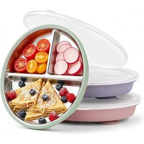 Bakpoco Stainless Steel Suction Kids Plates with Lids, DEEP 9" Divided Family Table Plate for 2Y-8Y+ Toddlers & Preschooler, Bigger Portions Transition, 3-Pack