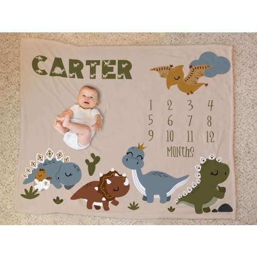 Personalized Baby Boy T-Rex Milestone Blanket, Dinosaur Minky Plush Throw, Custom Name Monthly Photo Growth Chart, Reptile Nursery Decor