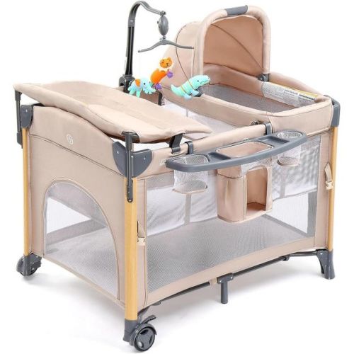 JOYMOR 7 in 1 Bedside Bassinet with Changing Table, All in One Nursery Center, Bedside Sleeper with Mattress, Sheet, Canopy, Storage Shelf (Beige)
