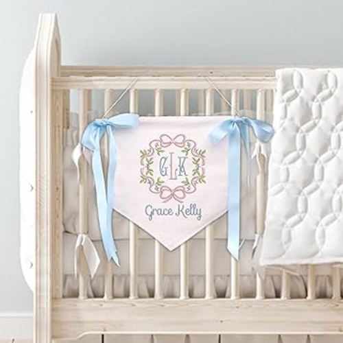 Custom Baby Banner with Monogrammed, Welcome Banner for Baby Girl, Hospital Door Sign, Baby Shower with Bows, Baby Crib Hanging Pennant Flag, Baby Room Front Door Sign, Nursery Wall Décor 02