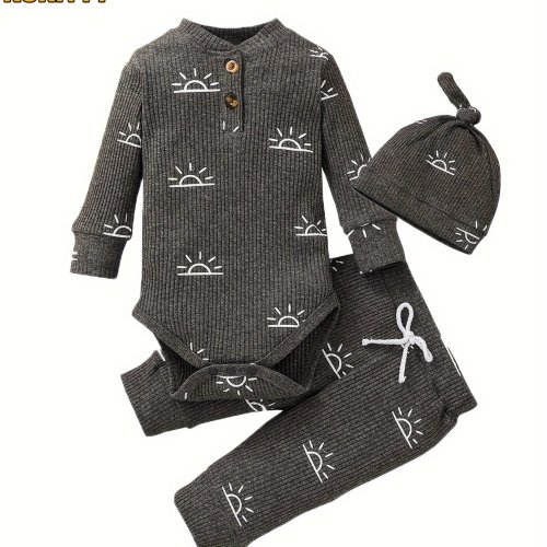 Kukitty Baby Boys Clothes Newborn Ribbed Long Sleeve Romper with Sun Pattern Pants Hat Outfits Set, for Outdoor