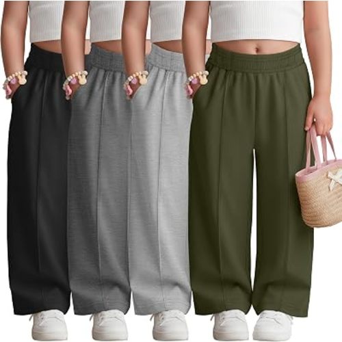 4 Pack Toddler Girls Wide Leg Pants | Front Seam, Cotton Blend Sweatpants, Baggy, Baby Girls, Straight Leg, Casual, Active, Back to School Trousers