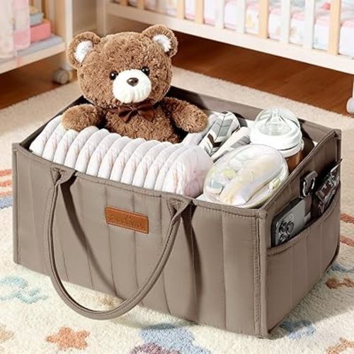 Zooawa Baby Diaper Caddy Organizer, Portable Nursery Storage Basket with Compartments, Handle & Shoulder Strap for Newborn Baby Essentials, Gift for Baby Shower, Nursery, Travel, Car, Mocha Brown