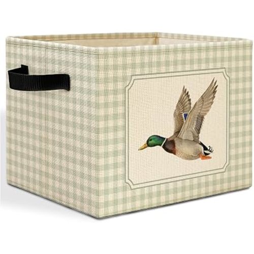 Green Checkered Mallard Duck Storage Bins Box with Handles, Rustic Flying Mallard Duck Plaid Laundry Basket Hamper Collapsible Clothes Toys Organizer for Kids Boys Bedroom Bathroom