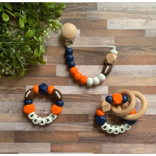 Chicago Bears Baby Toy Collection - Pacifier Clip - Rattle Toy - Go Bears - Baby Bears Toy Rattle - Navy - Orange - Football - Baby Boy Gift