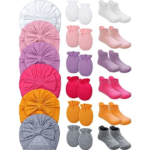 Leumoi 18 Pieces Newborn Baby No Scratch Mittens and Socks Sets Gloves Baby Turban Knot Hats Nonslip Grip Ankle Socks for Girls