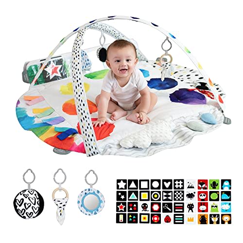 LADIDA Stage-Based Baby Play Gym - 4 Zone Sensory & Motor Skills Development Activity Gym - Large 45" Padded Palette Play Mat for Newborn to Toddler with STEM Based Toys, Textures, Learning Cards