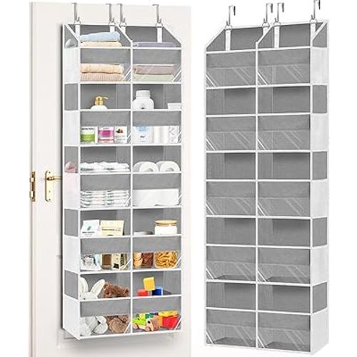 Over The Door Organizer, 5-Tier Extra Large Behind Door Storage with 10 Big Front & 10 Mesh Pockets, 80lb Capacity, Hanging Storage Organizer with Clear Window Kids Toys, Shoes, Diapers, Light Grey