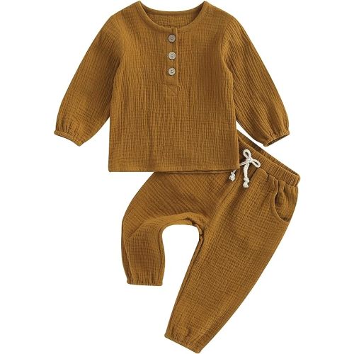 Karuedoo Toddler Baby Boy Girl Cotton Linen Pants Set Solid Long Sleeve T Shirt Top Drawstring Elastic Waist Pants Outfit - A-brown - 12-24 Months