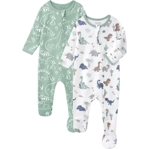 FIEMOL Baby Sleepers 100% Cotton Footie Pajamas, Newborn 0-3 3-6 6-9 Months with 2-Way Zipper, 2pcs PJs Baby Boy Clothes