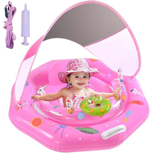 CQHVKQ 34" Inflatable Baby Pool Float with Canopy, Baby Swimming Ring with Interactive Toy Play Console & Adjustable Safety Seat, Toddler Inflatable Swimming Float for 0-3 Years, Pink