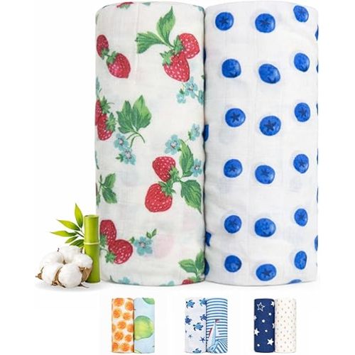 Bamboo Cotton Muslin Swaddle Blanket for Newborn Baby Girls, Breathable Soft Lightweight Receiving Blanket, Floral Strawberry Baby Swaddle, Extra Large Muslin Blanket 47x47, 2 Pack–Strawberry Garden