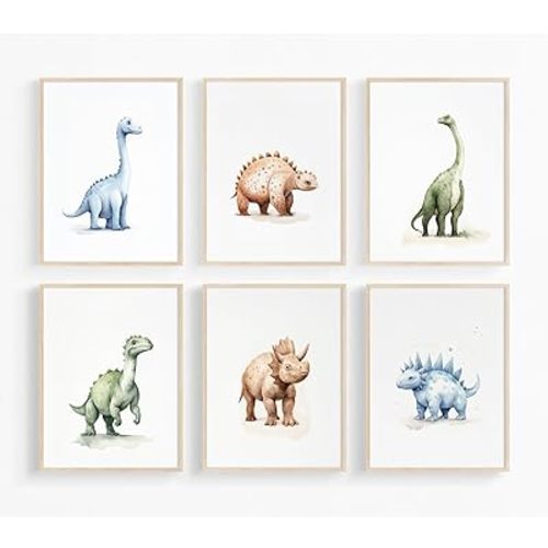 Youillne Dinosaur Watercolor Wall Art Decor Dino Boys Room Canvas Wall Art Nursery Kids Prints Toddler Dinosaur Poster Kids Artwork Nursery Pictures for Boys Room 12x16 Inch Unframed Set of 6