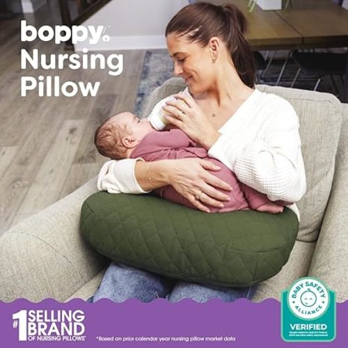 Boppy Nursing Pillow - Ergonomic Bottle & Breastfeeding Pillow with High, Firm, Large Area, Water-Repellent Cushion with Washable Cover; Baby Safety Alliance Verified - Quilted Moss