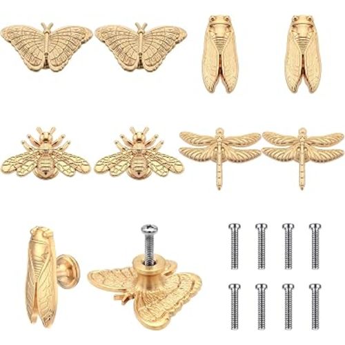 Zonon 8 Pcs Insects Cabinet Knobs, Bug Themed Drawer Knobs, Butterfly Dragonfly Bee Cicada Cabinet Pulls & Handle, Metal Knob for Dresser Cupboard Wardrobe (Gold)