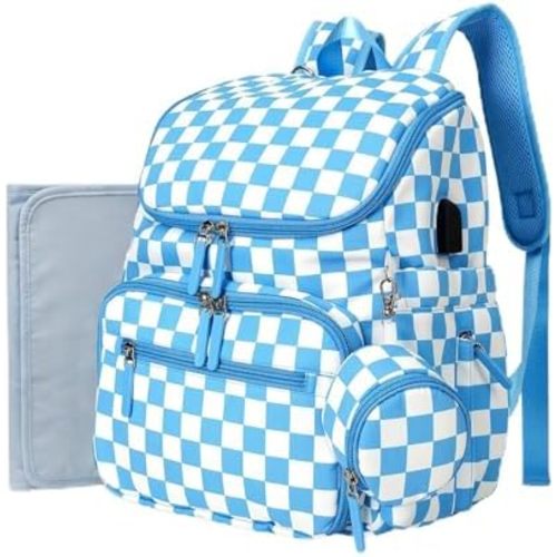 FHELAD Checkered Diaper Bag Backpack with Changing Pad & Stroller Clips