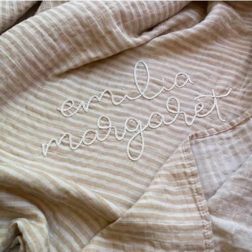 Hand Embroidered Baby Swaddle // Personalized Monogram Cotton Muslin Blanket