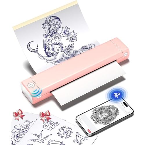 Phomemo Tattoo Stencil Printer, M08F Wireless Thermal Tattoo Printer with 10pcs Transfer Paper, Compatible with Phone/Tablet/PC, Tattoo Supplies for Tattoo Artists & Beginners, Pink