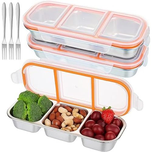 3 Pack Stainless Steel Snack Containers 3 Compartment Metal Lunch Box with Lids and 3 Forks Reusable Stainless Bento Snackle Box for Home Travel