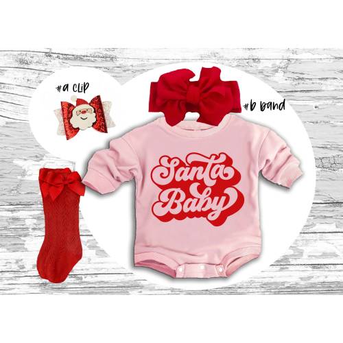 Pink Santa Baby Outfit: Retro Christmas Romper, Bow & Socks