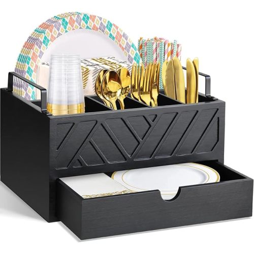 Paper Plate Dispenser with Drawer, Paper Plate Holder for Kitchen Counter, Wood Rustic Silverware Utensil Caddy, Cutlery Flatware Organizer for Cup Spoon Fork Plates Napkins, Black Kitchen Accessories