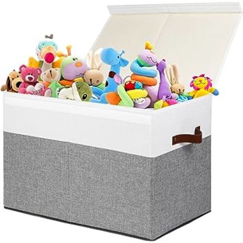 Large Toy Storage Box with Lid, Sturdy Toys Storage Chest Bin Organizer Basket with Dividers for Kids, Boys, Girls, Nursery, Closet, Bedroom, Playroom 25"x13" x16" (Grey and White)