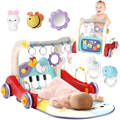 Jovow 2 in 1 Baby Gym with Walker,Baby Play Mat with 5 Infant Learning Sensory,Double-Sided Multifunctional Removable Play Piano Panel ,Sit-to-Stand Learning Walker for 0-24 Months Boy Girl