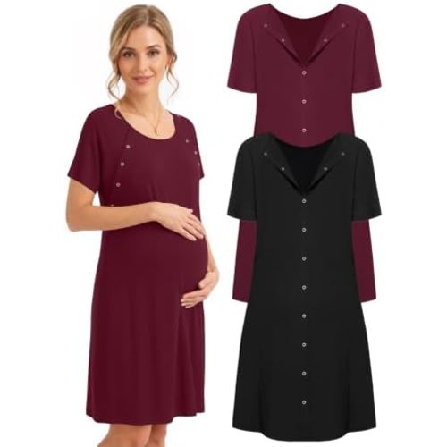 Ekouaer 2 Pack Labor and Delivery Gown 3 in 1 Maternity Nursing Hospital Nightgown Short Sleeve Breastfeeding Gowns