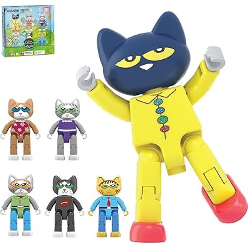 PicassoTiles 6pcs Pete the Cat Magnetic Figures Family Animal Action Character Toddler Toys Magnet Expansion Pack Building Blocks Add-on Educational STEM Learning Kit Construction Brain Tiles PTC01