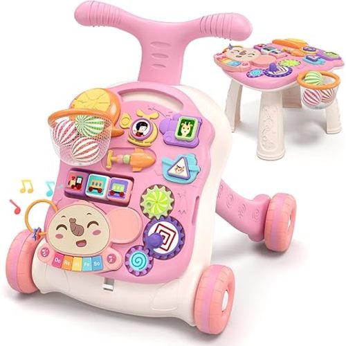 QDRAGON 3 in 1 Baby Walker and Activity Center for Girl, Learning to Walk, Sit to Stand, Early Educational Push Toys with Music Panel for Infant Toddler 12+ Months Pink