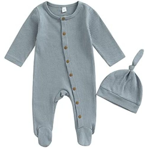 Newborn Infant Baby Boy Girl Fall Winter Clothes Long Sleeve Button Waffle Knit Footed Romper Hat 2Pcs Outfit