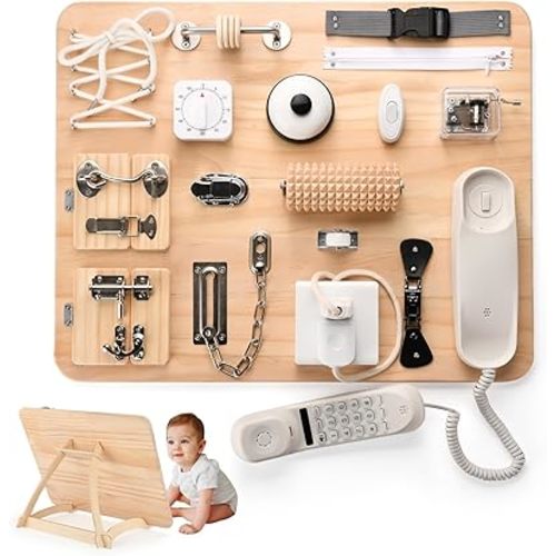 Potatomato Montessori Large Busy Board for Toddlers - 21 in 1 Wooden Sensory Educational Toys -Fidget Toys for Autistic Children-Preschool Learning Activities Fine Motor Skills