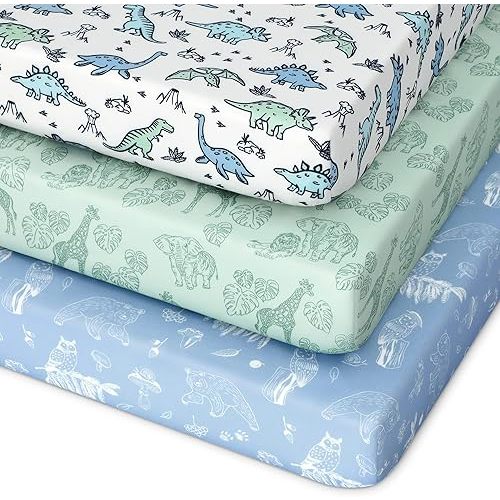 Unnivoll Pack and Play Sheets Fitted 3 Pack, Mini Crib Sheets for Pack N Play Mattress Stretchy Portable Playard Sheets, Soft Breathable Green & Blue Dinosaur