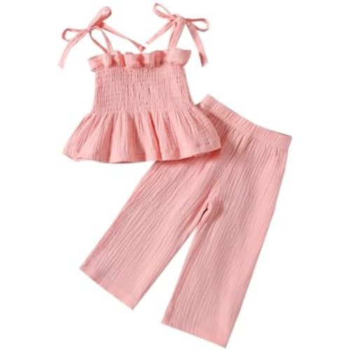 Toddler Baby Girl Clothes Sleeveless Tie-Up Ruffle Tops Linen Pants Set Infant Summer Outfits